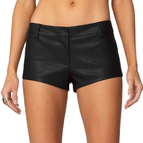 Acrawnni Women's Y2k Faux Leather Mini Shorts Sexy Low Rise Going Out Party Rave Club Skinny Hot Pants PU Biker Wide Leg Dressy Micro Shorts (A-Black, S)