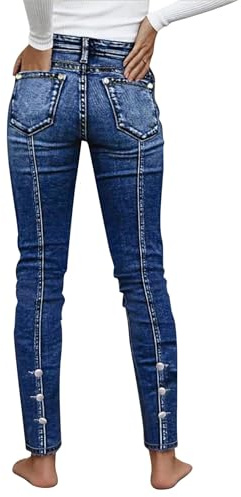Flamingals Mid Waist Skinny Jeans for Women Butt Lifting Slim Fit Button Side Stitch Detail Trendy Denim Jeans Navy Blue M