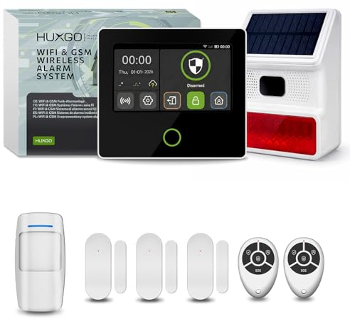 HUXGO® HXA502 Sistema allarme casa senza fili WiFi + GSM 4G, Sirena solare esterna | Kit antifurto casa con 1x rilevatore di movimento, 3x sensori per porte e finestre | Antifurto con TUYA Smartlife
