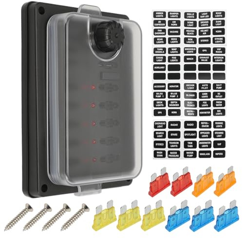 Taesayl 12 V 10-vägs säkringsbox vattentät, säkringshållare med minus-samlingsskena och LED-skärm, plattsäkringsfördelare med lock, för bil, båt, skåpbil, SUV