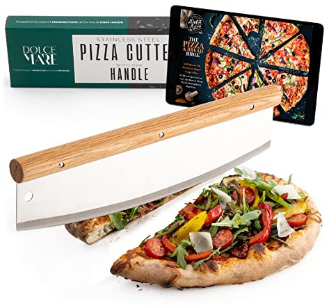 DOLCE MARE Pizzaschneider - Vielseitig einsetzbares Wiegemesser mit edlem Griff aus Eichenholz - Pizzamesser mit extra scharfer Edelstahlklinge - Inklusive Klingenschutz & Anleitung