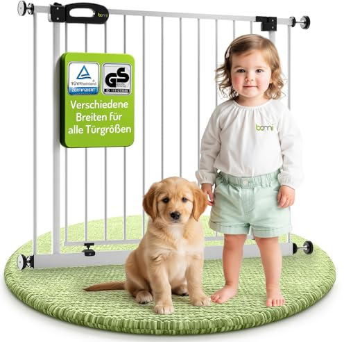 BOMI TÜV GS Siegel Kindertreppen Gitter XXL Merle | Ohne Bohren | 90° Stop | Schließt automatisch | Türschutzgitter weiß Metall | Treppenschutzgitter Türgitter Klemmgitter | Breite: 95-103 cm