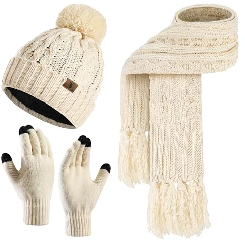 INSISMY Packs Bonnet Écharpe et Gants pour Femme Bonnet à Pompon Hiver Doublure Polaire Chaude Longue Écharpe et Gants Écran Tactile Tricoté Ensemble
