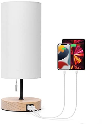 Aigostar Nachttischlampe mit 2 USB-Ladeanschlüssen, E27 Tischlampe mit Zugschalter, Holzsockel, Modern Tischleuchte für Schlafzimmer, Wohnzimmer, Schreibtisch, Babyzimmer - Weiß