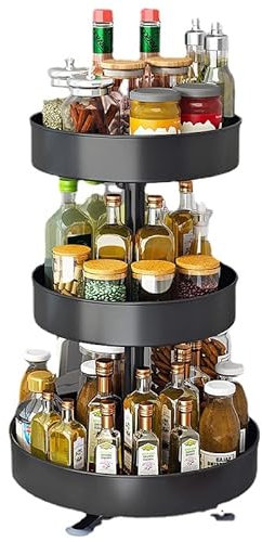 FIYSON 360° Drehbar Gewürzregal Drehbarer Gewürzhalter aus Kunststoff Runden Drehteller Organizer Bad KüChe Veranstalter Regal Multifunktions Gewürzhalter für Vorratsdosen Gewürze (3-Etagen,schwarz)
