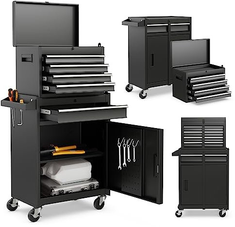GiantexUK Tool Cabinet, 2 in 1 Lockable Metal Tool Chest with Removable Top Cabinet, Wheels, 5/6 Drawers, Pegboard & Hooks, Heavy-duty Rolling Tool Box Trolley (with Adjustable Shelf, Black)