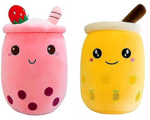 SPIRTUDE 2Pcs Bubble Tea Kuscheltier Strawberry Plüsch Gefüllte Bubble plüschtier Cartoon Milch Tee Tasse Squishy Kissen 24cm (Pineapple+Strawberry Plush)
