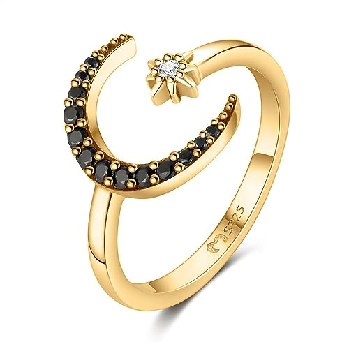 MARLION JEWELS Anillos de mujer en plata de ley abierto de preciosa luna creciente, rodeada de circonitas negras y una estrellita brillante. Anillo plata mujer con acabado plateado o dorado. Joyería
