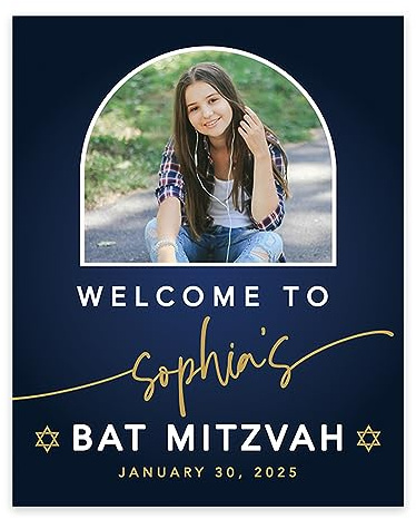 Andaz Press Large Personalized Bar/Bat Mitzvah Welcome Sign, 16 x 20 Pre-Mounted Canvas, Half Arch Custom Photo Sign for Boys or Girls, Jewish Birthday Party Decorations, 1-Pack