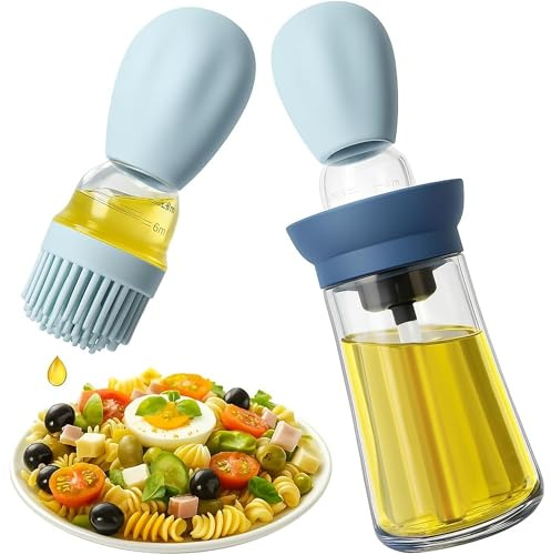 LPEPLL Oil Dispenser Bottle with Silicone Brush, 180ml Glass Oil Container for Cooking, Baking, BBQ, Grilling, Frying, Vinegar and Sauces, Easy Control and Refillable (Blue)