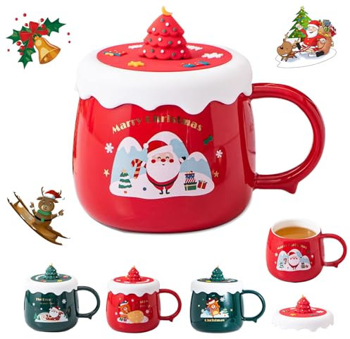 MeYuxg Weihnachtstassen, Weihnachten Keramik Kaffeetasse 400ml, Tee Saft Milch Weihnachtsbecher mit Deckel, Niedliche Weihnachtstasse für Geburtstag Weihnachten Mädchen Jungen Geschenke, C (Rot)