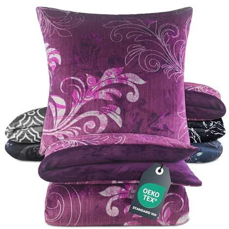 BaSaTex Winter Plüsch Cashmere Touch Bettwäsche Set Nicky Teddy Flausch Coral Fleece | 135x200 Bettbezug + 80x80 Kissenbezug | Design:Ranke Beere