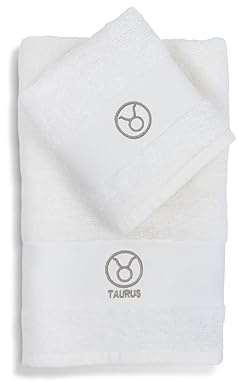Zodiac, Set Asciugamani Bagno Segni Zodiacali, Set di 2, Asciugamano Viso, Asciugamano Ospite-Bidet, 100% Cotone, Tinta Unita Con Ricamo, Toro
