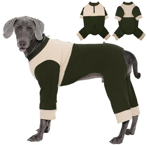 Kuoser Fleece Hundepullover für Große Hunde, Warmer Hundeschlafanzug mit 4 Beinen, Weicher Elastischer Hundebody mit Reißverschluss und Kordelzug, Grün 2XL