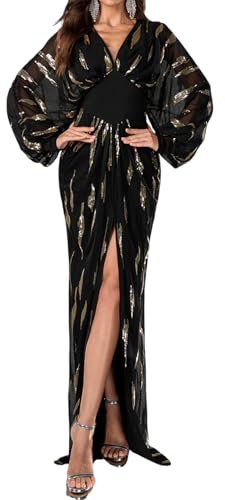 DOUMIFLY Women's Sexy Deep V Neck Long Sleeve High Split Party Evening Long Formal Dress Black
