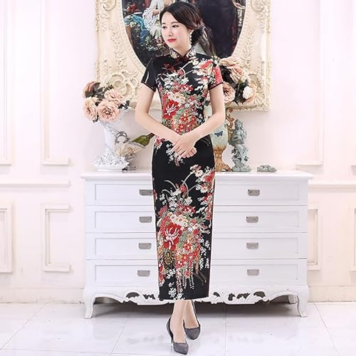 Chinese Traditional Cheongsam Dress for Women, Short Sleeve with Flower Print for Everyday Elegance (L Black)