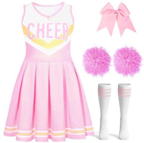 Haozozo Deguisement Pompom Girl pour Fille avec Robe, Bandeau, Pompons et Collants - Costume d'Animatrice pour Carnaval, Halloween, Cosplay et Spectacles (130)