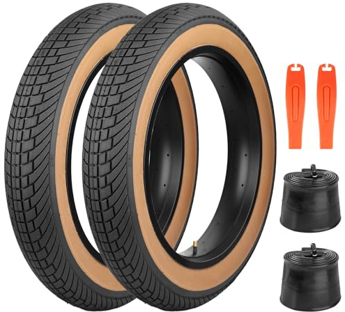 GRELiving 1/2 Set 20x4.0 Inch E-Bike Fat Tire,98-406 30 TPI Heavy Duty Tire with Anti-Skid Tread,for E Bike/Fat Bike/MTB (Brown-2Set(2 Tire+2Inner Tube+2 Bike Lever))