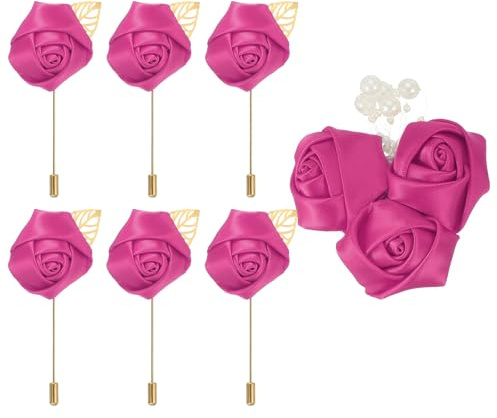 QUARKZMAN 7 stycken blommor broscher rosenröd, bandrosor sidenmaterial, högkvalitativa broscher för kläder, lång nålform & nålstil nålblomma