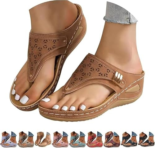 Générique Sandales Femme été Confortable Chaussures Femme ete Tong Confortable Compensées Plateforme Orthopédique Sandales avec Support Pantoufles en Cuir Mode Tongs Sandale à Bout Ouvert Flip Flops