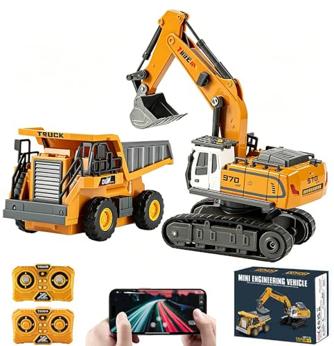 Teeggi Fjärrkontroll, grävmaskin och dumper leksaksset, 1:64 mini, fjärrstyrt byggarbetsplatsfordon, legering RC grävmaskin, leksaksbilar med ljus och ljudeffekter för barn