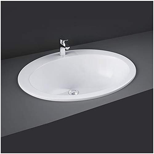 Lavabo Bagno Incasso soprapiano 63,5 x 53,5 cm, Design Slim Ovale in Ceramica Bianca Lucida con predisposizione per Rubinetto 3 Fori