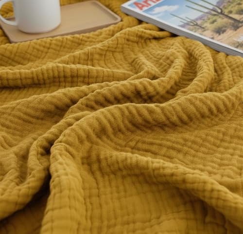 KyraHome Coperta in mussola di cotone 100% biologico, 140 x 152 cm, per divano, adulti, tinta a mano, traspirante, morbida e leggera, per adulti, per tutte le stagioni (giallo senape)