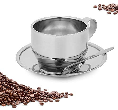 Tomotato Ensemble de Tasses à Café, Élégant et Pratique Tasse à Expresso Double Paroi 4 oz en Acier Inoxydable avec Soucoupe et Cuillère, pour Café, Thé, Lait, Cappuccino à la Maison ou au Bureau