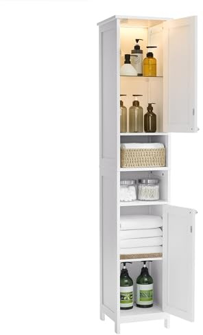 VASAGLE Tall Bathroom Cabinet with Lights, Slim Bathroom Storage Cabinet, Freestanding Narrow Storage Unit with Adjustable Shelves, Open Compartments, for Small Spaces, Modern, Cloud White BBC566W04