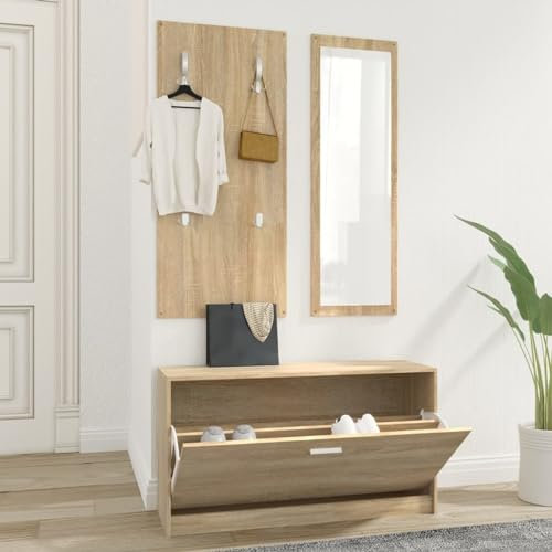 BaraSh 3-TLG. Flurmöbel-Set Sonoma-Eiche Holzwerkstoff Garderobe Set GarderobenstäNder Mit Bank