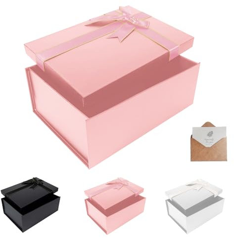 Geschenkbox mit Deckel,22.5x16x8.5cm,Rosa Geschenkverpackungskasten mit Grußkarten,Gift Box,Geeignet für Vatertag, Muttertag, Weihnachten, Ostern, Valentinstag und Geburtstagsverpackung