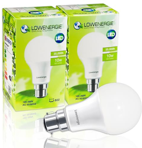 LOWENERGIE LED Light Bulbs 10W B22 Bayonet Cool White 4000K A60 GLS Lamps – Pack of 2, 75W Equivalent Energy-Saving Lighting [Energy Class F]
