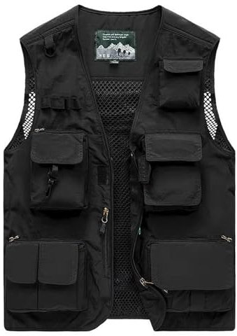 Vanchenl Herren Freizeit Safari Angeln Outdoor Arbeit Weste Jacke Foto Reise Cargo Mesh Weste Multi Taschen Schwarz M