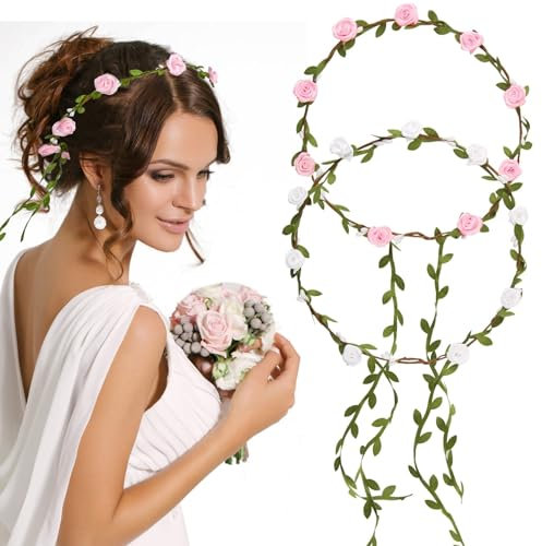 CAREDGO 2 Stück Blumenkranz Künstliche Blumenstirnband Haarkranz Blumen Krone Kopfschmuck Haarreif Blumen Haarband Verstellbarer Haarschmuck Blumenkrone für Hochzeit Party Festival (Rose und Weiße)