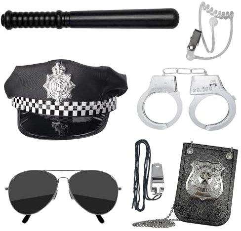 KUWUNG 7 piezas Disfraz Policía Niño, Gorra, Placa, Gafas y Esposas, Carnaval Juego de Roles