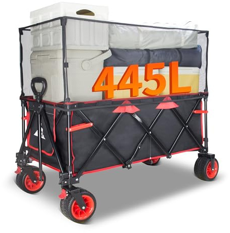 TOPWELL Bollervagn vikbar med tak, handvagn, transportkärra, utrustningsvagn, 10 cm breda hjul-445I stor kapacitet med broms, justerbart handtag för camping, shopping (svart/röd)