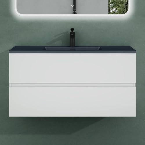 Mai & Mai Badmöbel-Set Waschtisch mit Unterschrank Mineralguss Waschbecken in Anthrazit Waschbeckenunterschrank 100x48x50cm Weiß Matt 2-Schubladen Soft-Close Aqualis