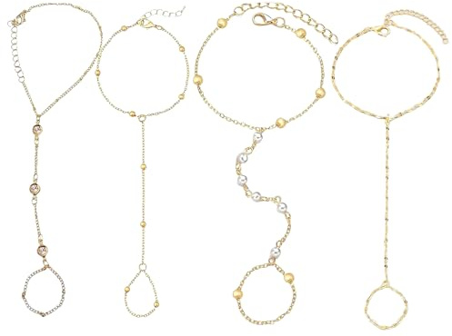 4PCS Gold Hand Chain Bracelet with Ring, Ring Bracelet Hand Chain