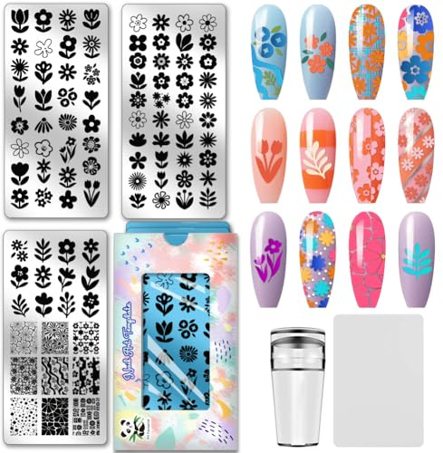 PH PandaHall 3pcs Plaques D'Estampage pour Ongles Fleur Motif Nail Stamp Plaque Abstrait Fleurs Impression Art Modèle en Acier Inoxydable Nail Image Plaque pour Printemps Été Femmes Ongles Décoration