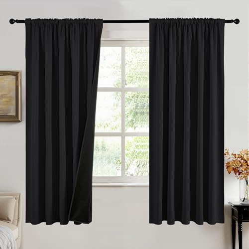 PONY DANCE 100% Blackout Thermal Insulated Curtains, 66x72 Inch, Black | Pencil Pleat Rod Pocket Curtains for Bedroom and Living Room, 2 Panels, Noise Reduction, Light Blocking & Privacy Drapes