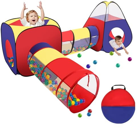 4 in 1 Play Tunnel Kids Foldable Pop Up Play Tent with Tunnel Play Tent Ball Pit with Zipper Storage Bag for Birthday Gift for Boys Girls Babies Toddlers