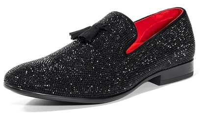 Bruno Marc Men's Rhinestone Prom Tuxedo Shoes Tassel Dress Loafers Slip on Formal Shoes for Wedding, Party, Graduation,Size 9,Black,SBLS26001M