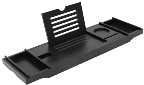 Badkarshylla av bambu – justerbar badkarsbräda med mugghållare och brickhållare, badkarsbricka för de flesta badkar, 75–111 x 22,8 cm, svart