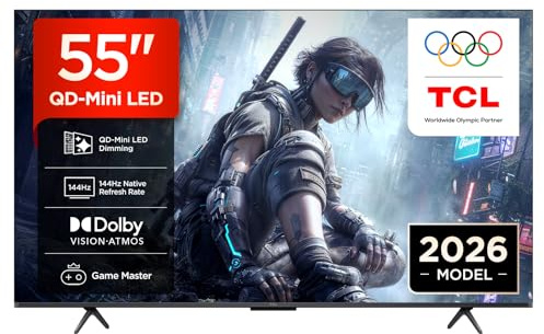 TCL 55T8D Televisor 55 Pulgadas QD-Mini LED 4K Smart TV, Gaming TV, 144Hz Game Accelerator 288Hz FHD, FreeSync Premium, Dolby Vision & Atmos, HDR10+, Onkyo 2.1, Google TV, Game Master