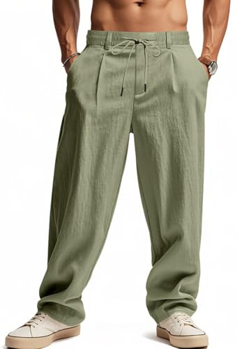 WINKEEY Pantaloni Lino Uomo Estivi Pantaloni Leggeri Baggy Eleganti con Tasche Elastico in Vita e Coulisse