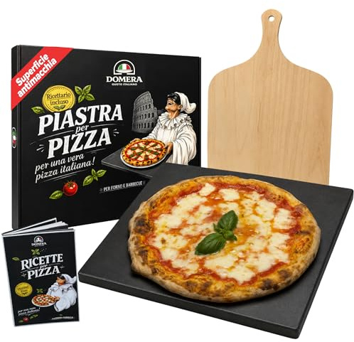 Domera-Pietra Refrattaria per Pizza in Forno e Barbecue in Cordierite+Pala in Betulla -Fino a 900°- Cottura Perfetta per Pizza Pane Focacce - 38x30 cm (Kit antiaderente e antimacchia con pala pizza)