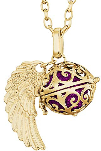 Morella collar ángel de la guarda de acero inoxidable oro 70 cm con colgante alas de ángel y bola de resonancia de color lila 16 mm para damas en bolsa para joyas