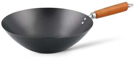Ken Hom Wok Acero Carbono Antiadherente, 35cm, Classic, Sartén Sin Inducción/Con Mango De Madera/Base Plana, No Apto Para Lavavajillas, 2 Años de Garantía, KH335001