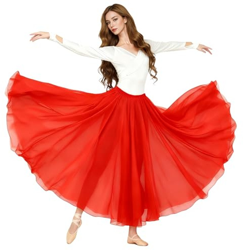 Baisdan Donna Gonna in Chiffon per Danza del Ventre, Gonne Flamenco a Cerchio Completo per Costumi di Halloween, Carnevale Spettacoli, Rosso, Taglia Unica