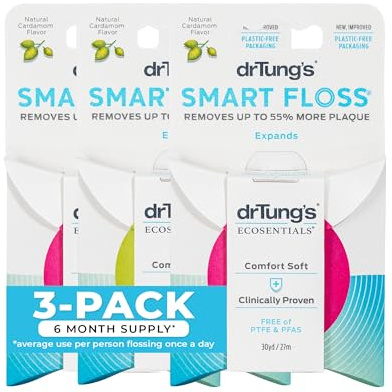 DrTung's Smart Floss - Natural Dental Floss, PTFE & PFAS Free, Gentle on Gums, Expands & Stretches, BPA Free - Cardamom Flavor (Pack of 3)